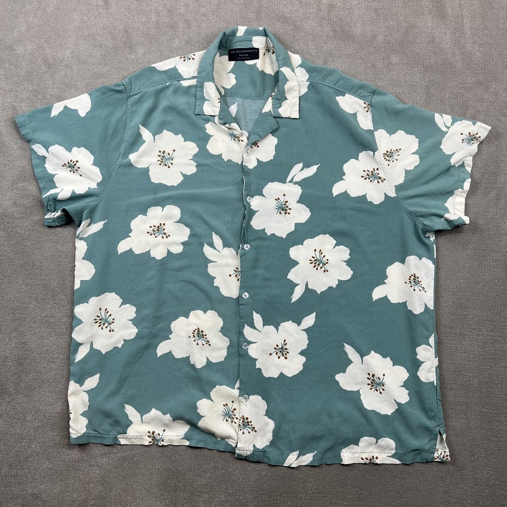 No Boundaries 3XL Mens Teal White Floral Rayon Short Sleeve Button Down Shirt